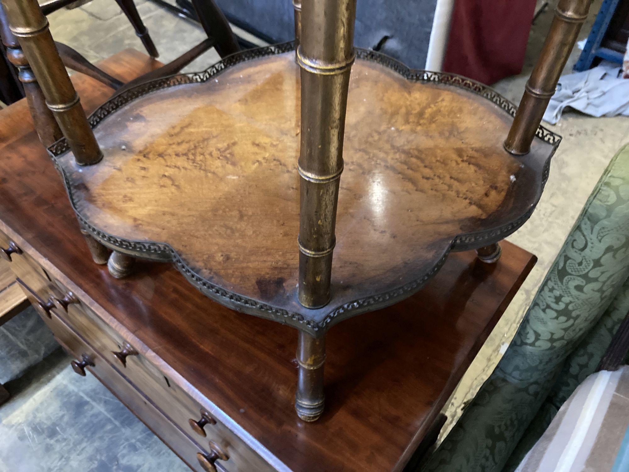 A birds eye maple and brass two tier etagere, width 63cm, depth 50cm, height 74cm